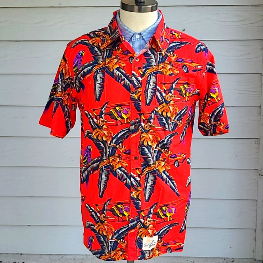 ZERO FOXTROT‎ Red Purple Orange Magnum PI Cotton Blend Sz M Mens Hawaiian Shirt